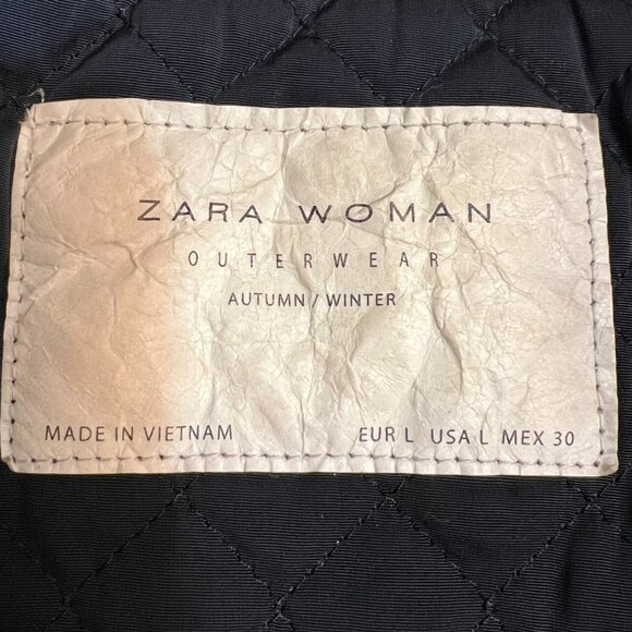 ZARA WOMAN Dark Navy Quilted Jacket L Moto Zip Short Puffer Biker Style Fall - Picture 4 of 10